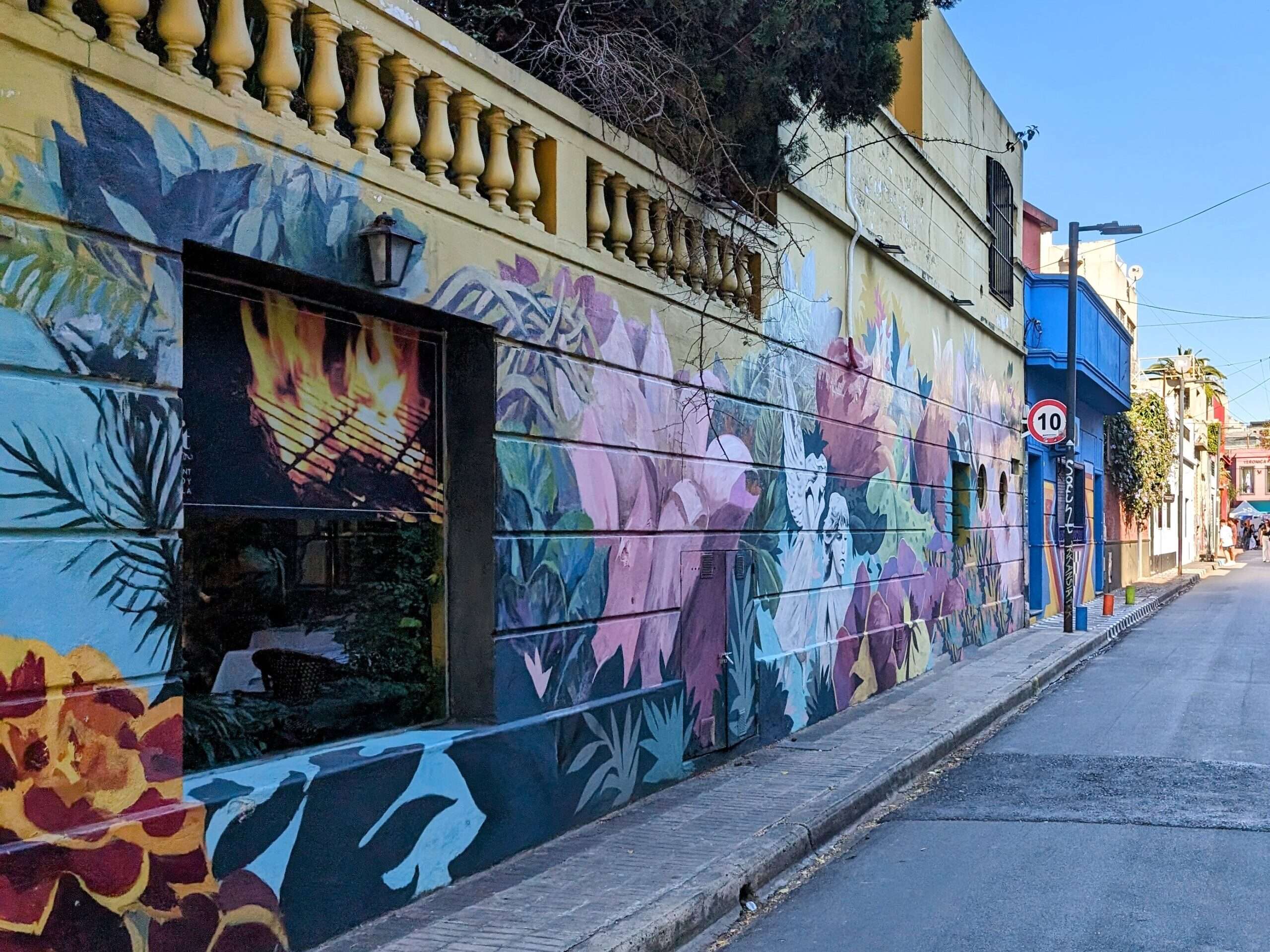 Floral mural on the side of a building on a street - free buenos aires walking tours