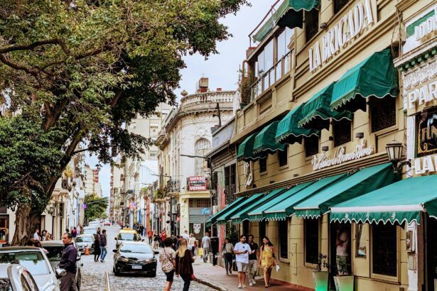 Street in San Telmo, Buenos Aires, Argentina with shops with green awnings - Buenos Aires transportation and Argentina travel guide