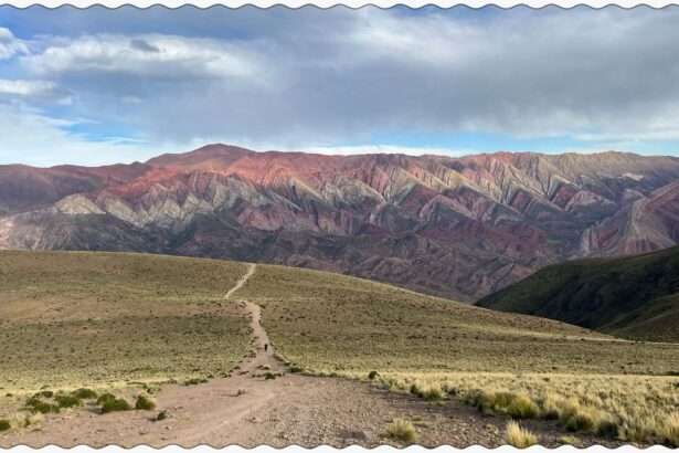 A grassy hill in front of a colorful mountain in Humahuaca
