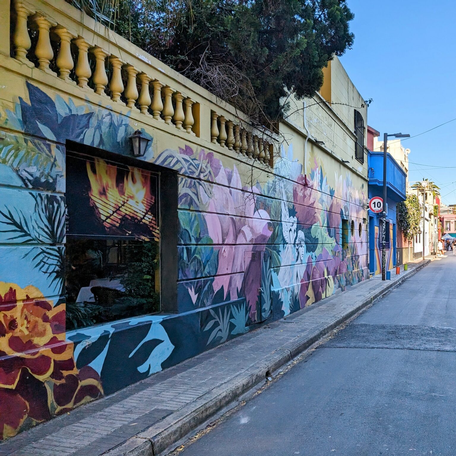 Mural lined street of a green and pink floral mural in Palermo Soho, Buenos Aires, Argentina