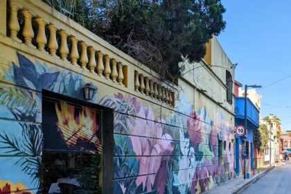 Mural lined street of a green and pink floral mural - Best Areas to Stay in Buenos Aires