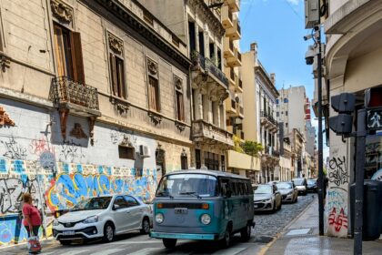 Colorful street in San Telmo, Buenos Aires with a car.