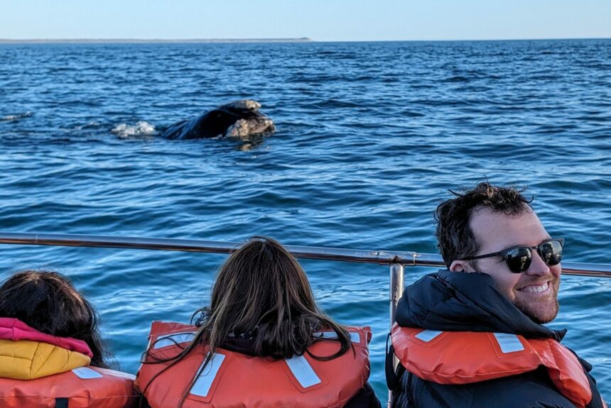 Three people on a boat looking at a whale surfacing