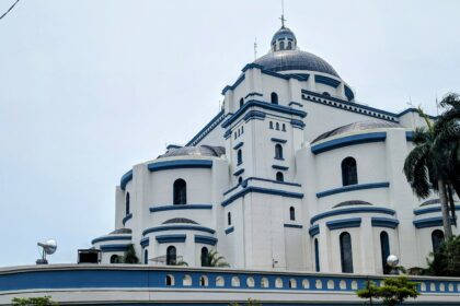 A blue and white cathedral in Paraguay that is part of the Circuito de Oro