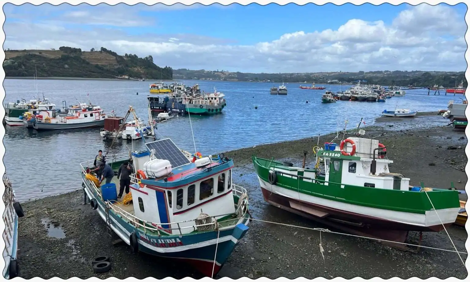 Fishing boats in the Dalcahue harbor of Chiloe during low tide