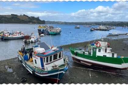 Fishing boats in the Dalcahue harbor of Chiloe during low tide