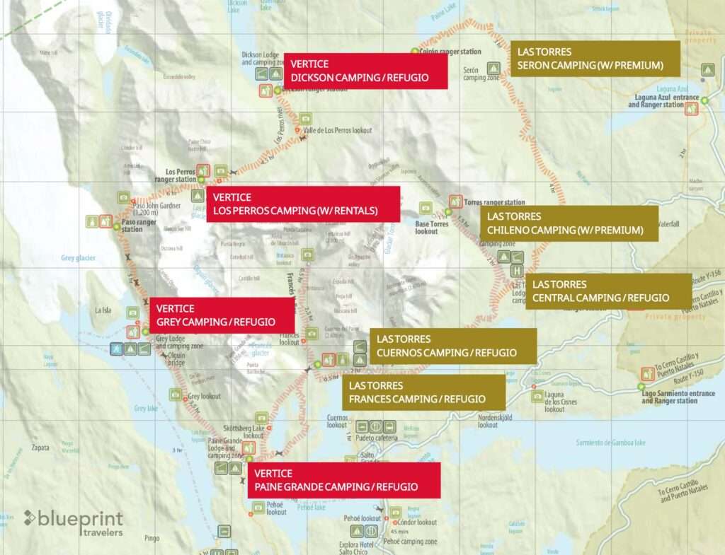 Map of the different accommodations in Torres del Paine - book the treks in Torres del Paine