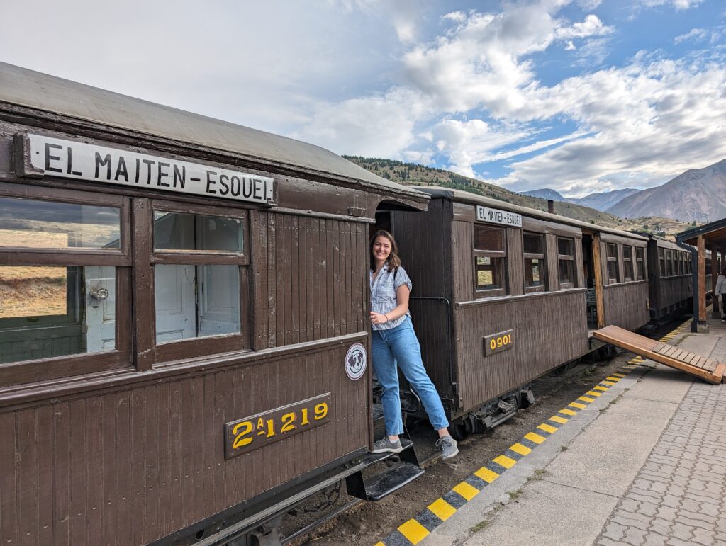 A person getting on a train car at a station