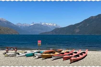 Kayaks at Lago Puelo outside of El Bolson, Patagonia, Argentina