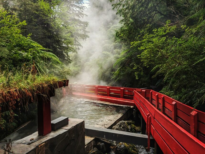 A red walkway going over steamy water through a forest - Villarica and Puerto Varas