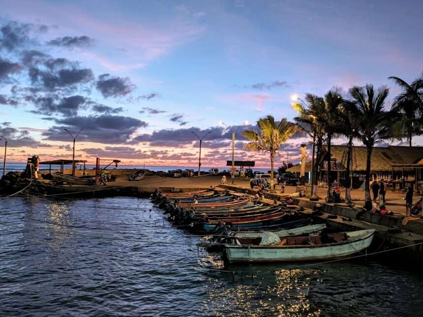A sun setting over a rocky dock with palm trees - Easter Island itinerary