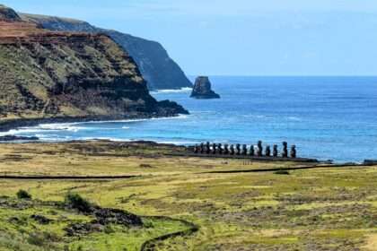 The view overlooking a grassy area leading to the ocean with some statues on the edge of the land - How to visit Easter Island