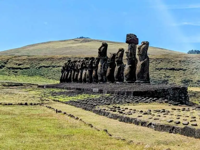 Row of moai statues standing on a stone platform at Ahu Tongariki on Easter Island