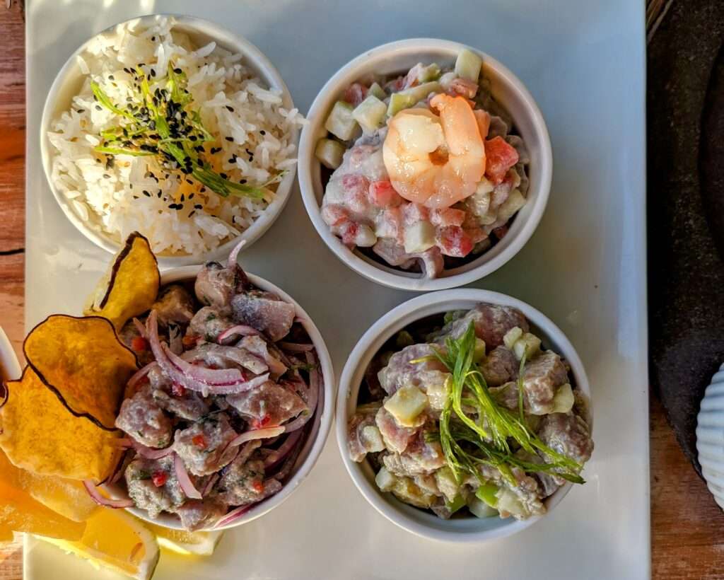 A plate with four containers of ceviche - how to visit Easter Island