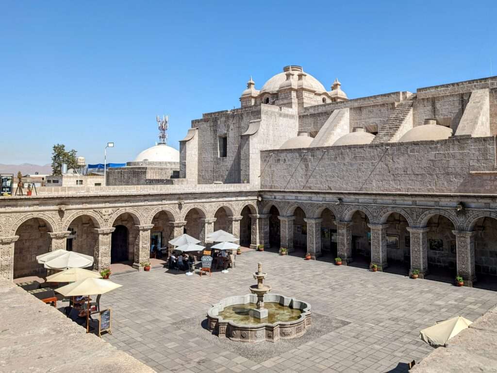 View into one of the squares adjacent to a church in Arequipa, as seen on the walking tour of the town and one of the things to do in Arequipa