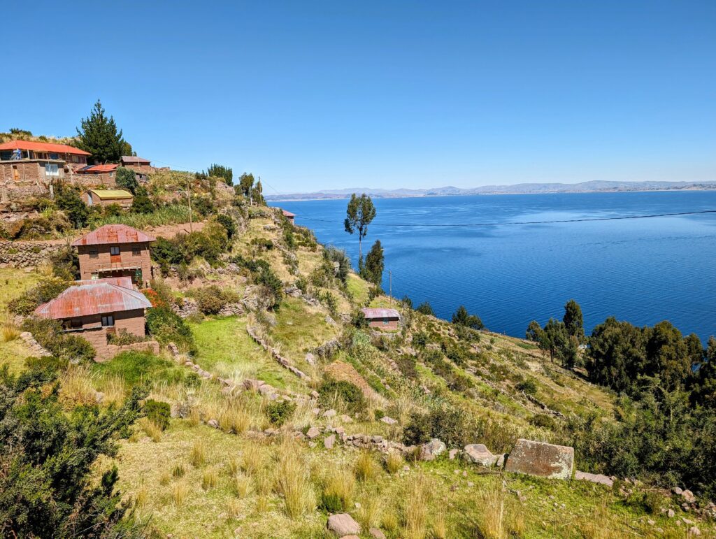 Land in front of a lake covered in green grass and a few homes as seen on a Lake Titicaca homestay tour