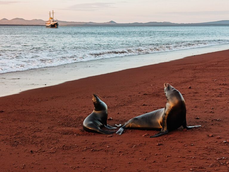 Two Galapagos sea lions on the red sand beach of Rabida Island with a boat docked in the bay