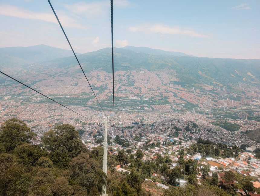 A view over Medellin from the metro cable that connects the mountain areas of the city
