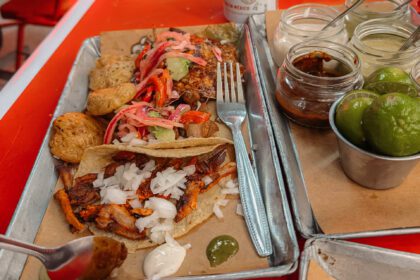 Three tacos on a tray from a taqueria in Mexico City