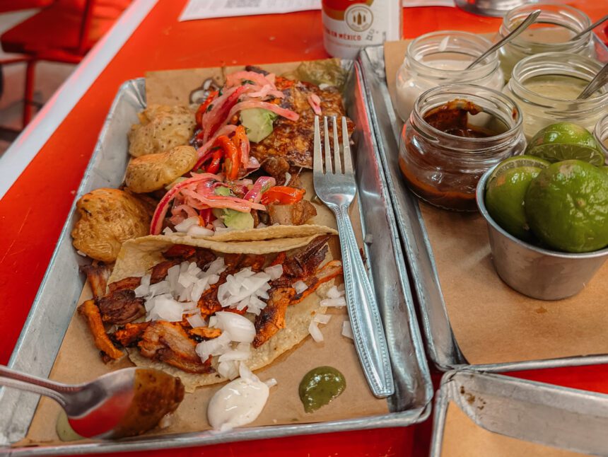 Three tacos on a tray from a taqueria in Mexico City
