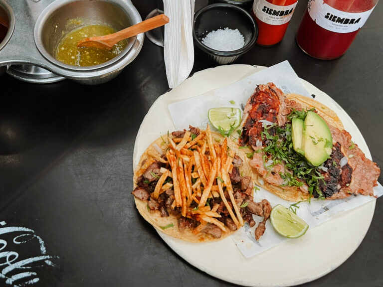 Two of the best tacos in Mexico City on a plate with salsa on the side