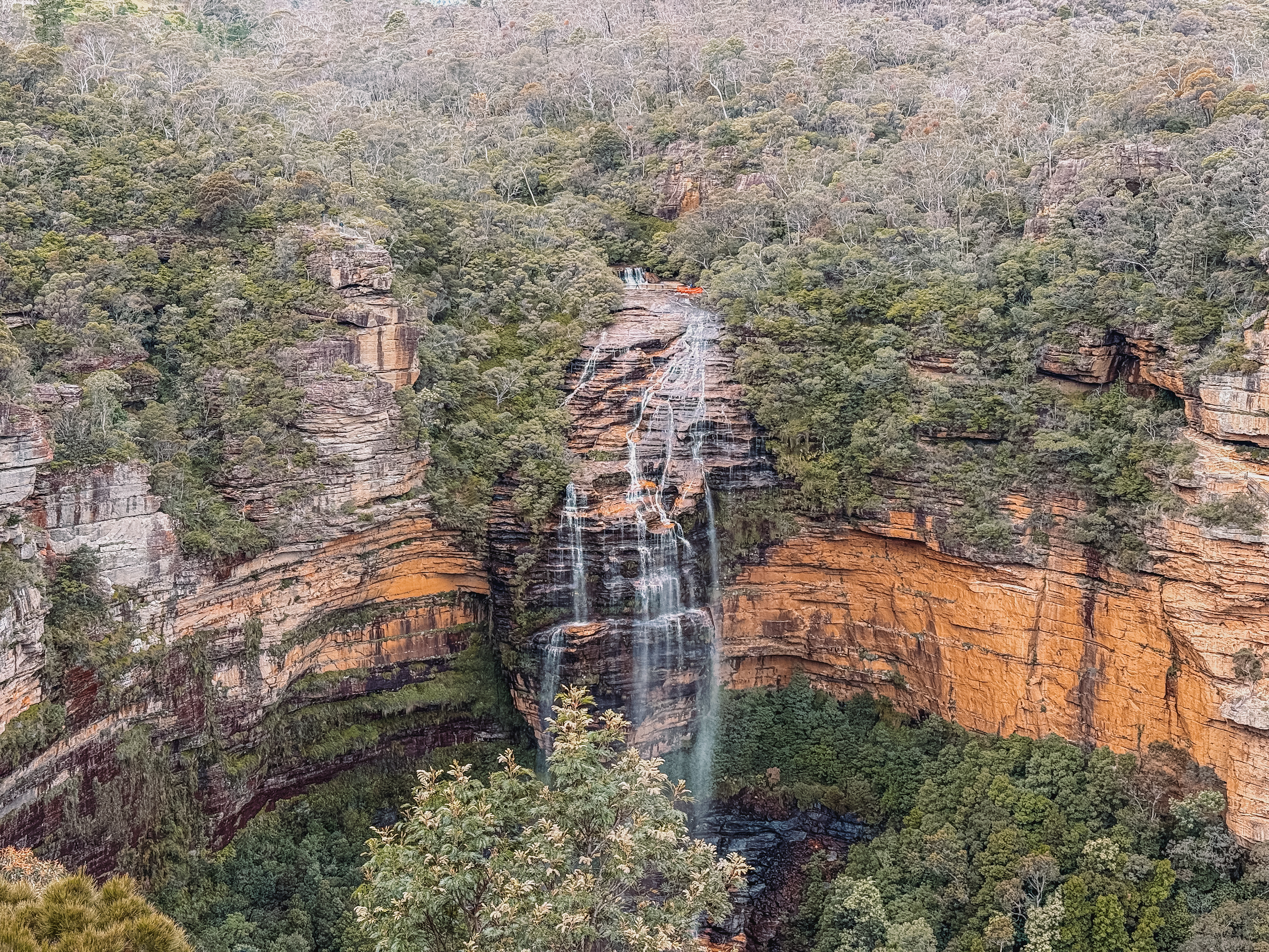 A waterfall flowing off of a red rock cliff surrounded by forest - Blue Mountains 1 day itinerary
