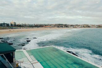 Overlooking a seaside pool next to a beach in Sydney, Australia