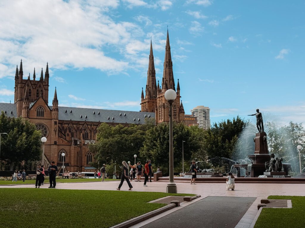 A large church with a fountain in front of it in Sydney, Australia