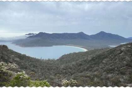 The view over a misty bay in Tasmania, Australia