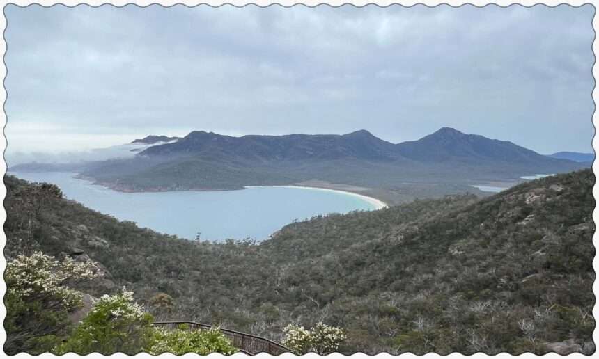 The view over a misty bay in Tasmania, Australia