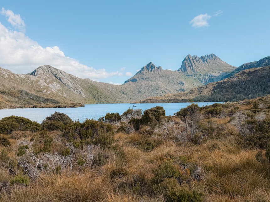 A low brush around a lake with mountains behind it - Tasmania travel guide
