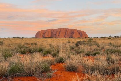 The large rock of Uluru surrounded by brush and red dirt at sunset
