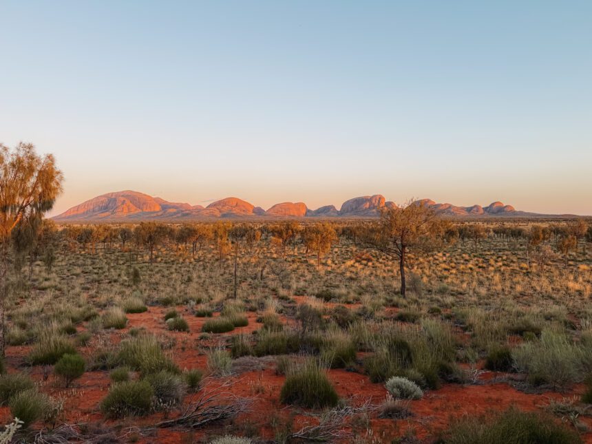 The rock formation of Kata Tjuta behind some low brush and red dirt at sunrise - what to do in uluru