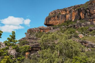 A rock formation over a forest as seen in 1 day Kakadu tours