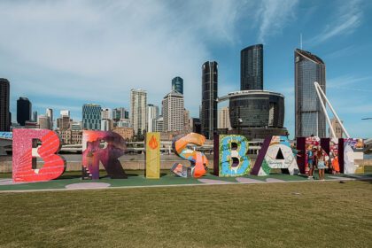 Large letters spelling out Brisbane in front of the skyline - Brisbane Itinerary