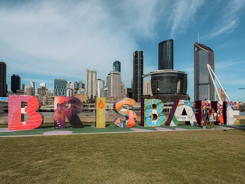 Large letters spelling out Brisbane in front of the skyline - Brisbane Itinerary