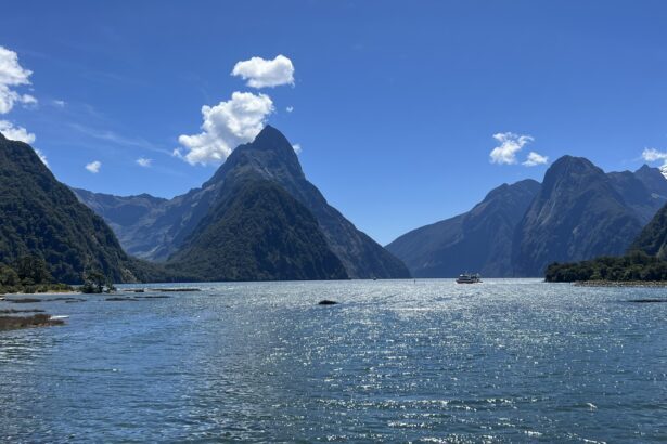 Pointy mountains over a lake in Milford Sound