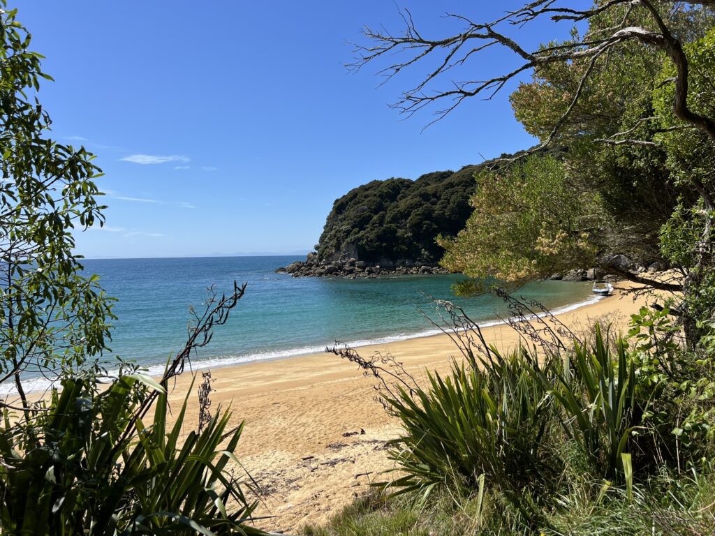 A beach going into turquoise water with tropical islands in the distance in Abel Tasman National Park
