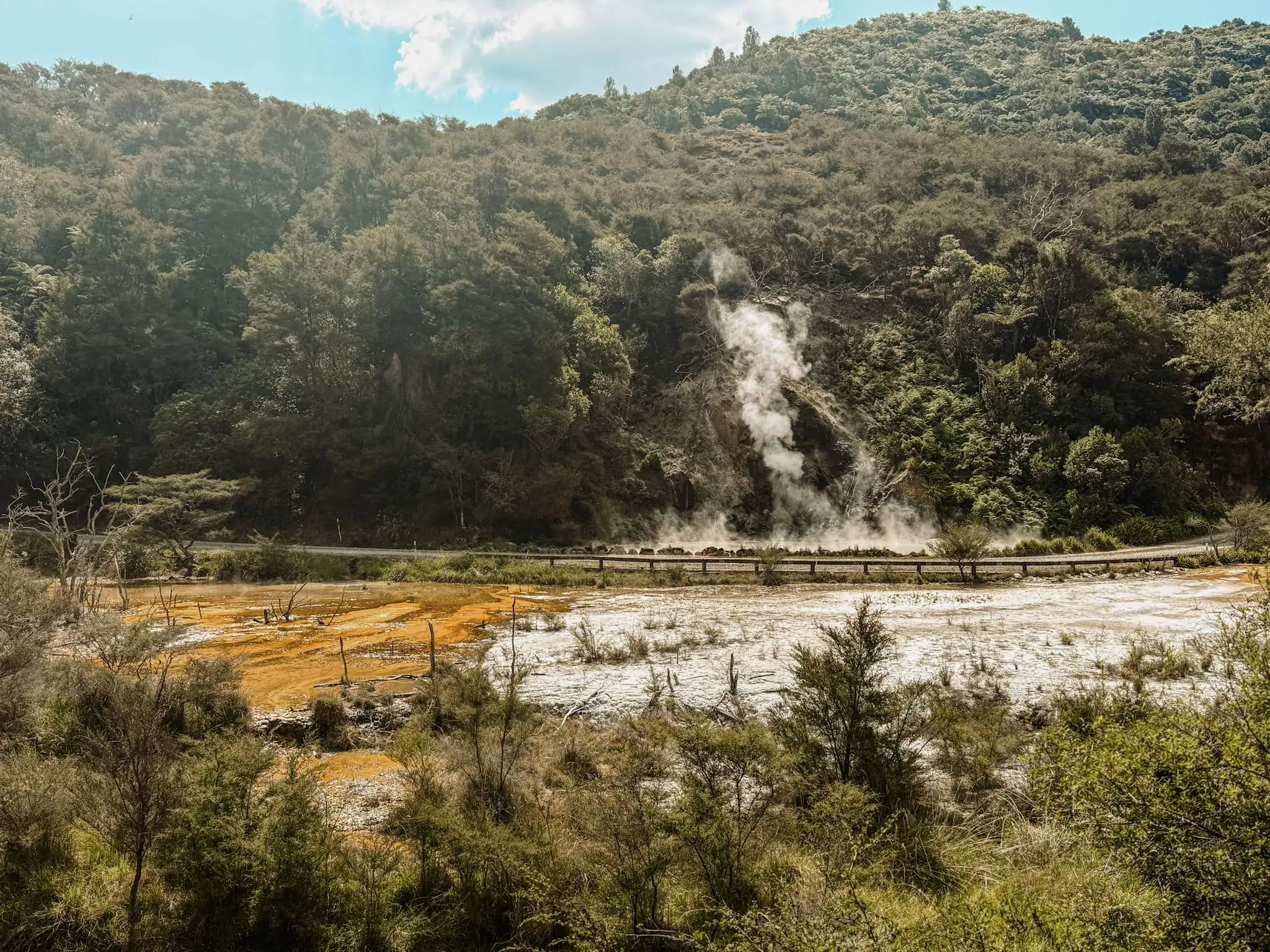 A landscape with smoke coming from a hole in the ground as seen in a Rotorua itinerary and a good way to compare the south island vs north island