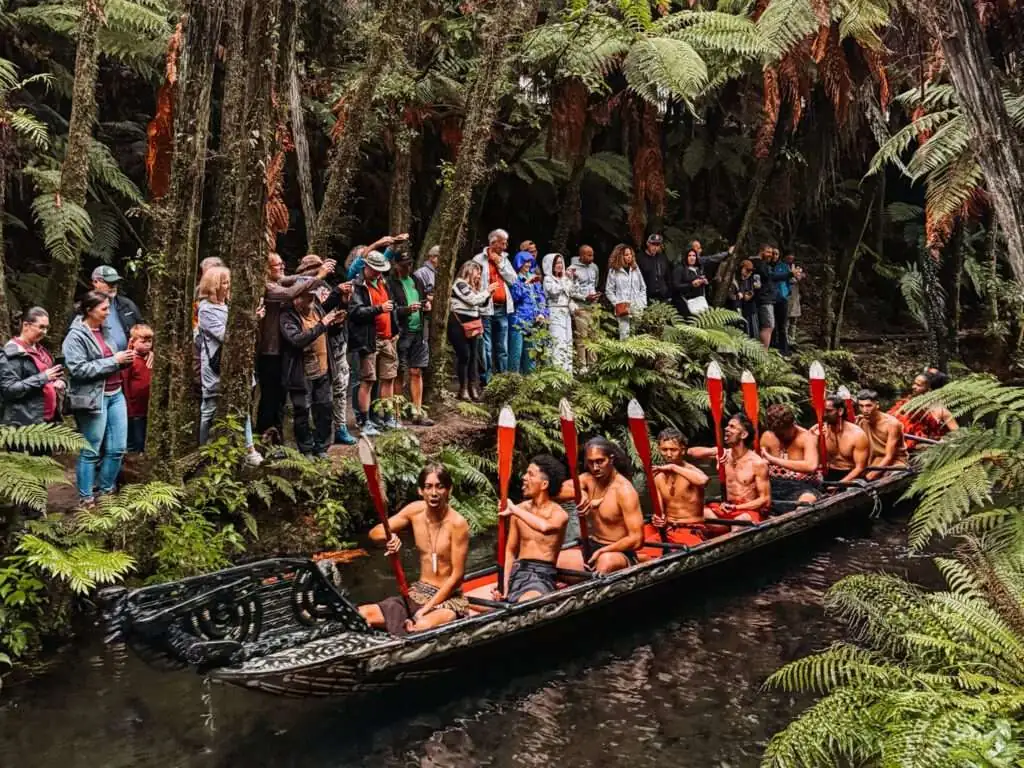 Men in a canoe going down a river in the rainforest as part of a Rotorua itinerary on the North Island