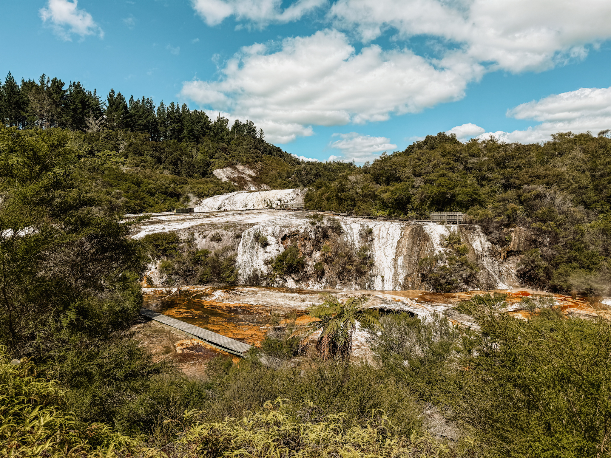A waterfall flowing down a red rock in a forest - activities Taupo has to offer