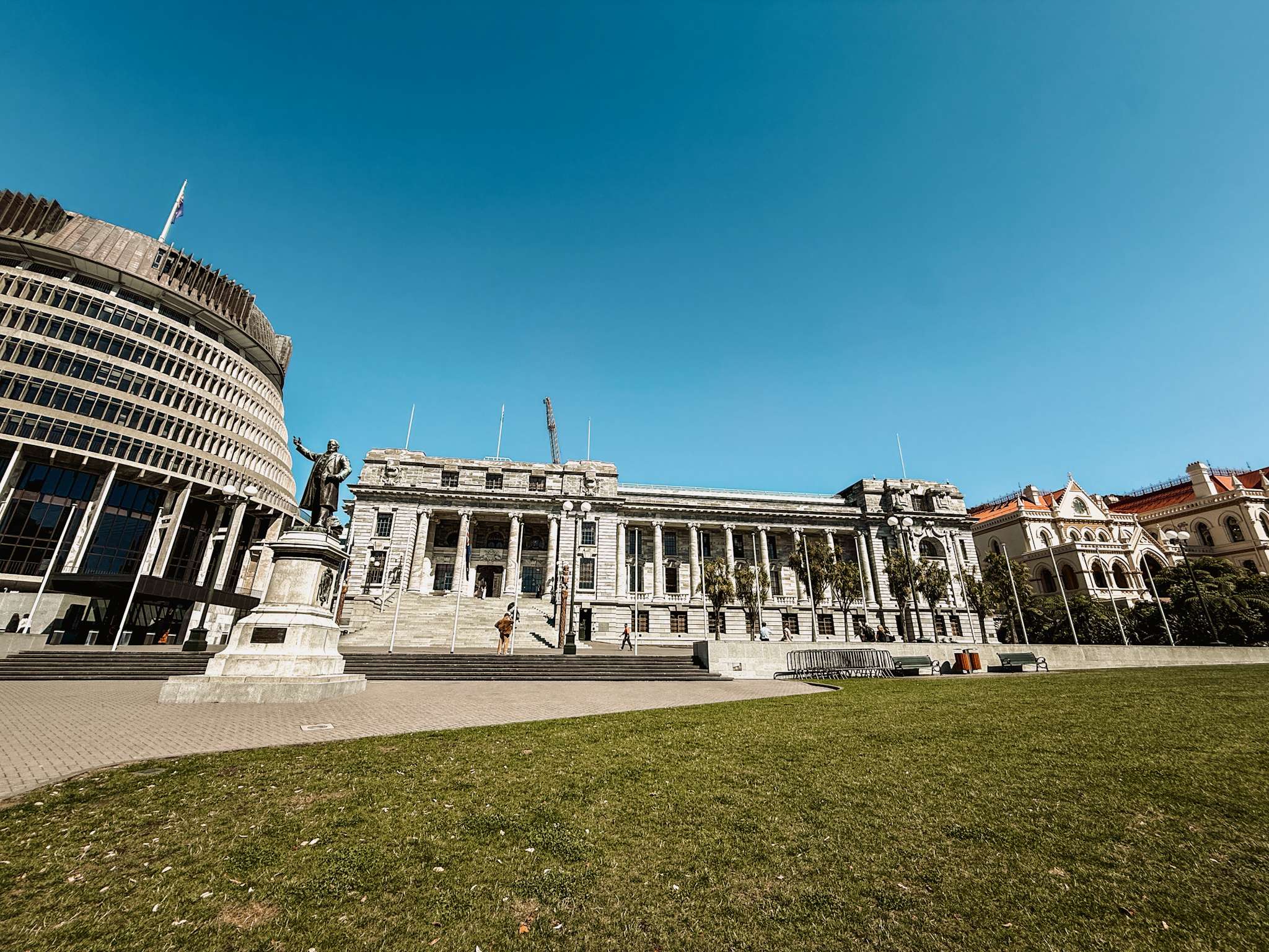 A few government buildings with a lawn in front - Wellington itinerary