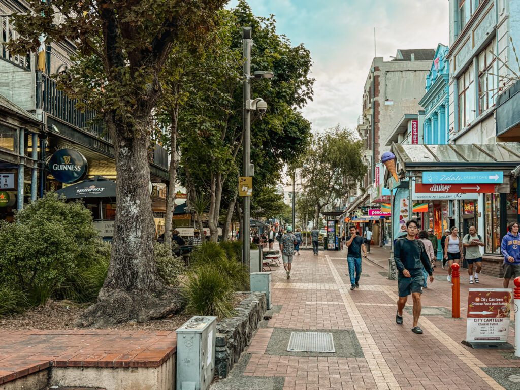 A pedestrian street with colorful shops in Wellington