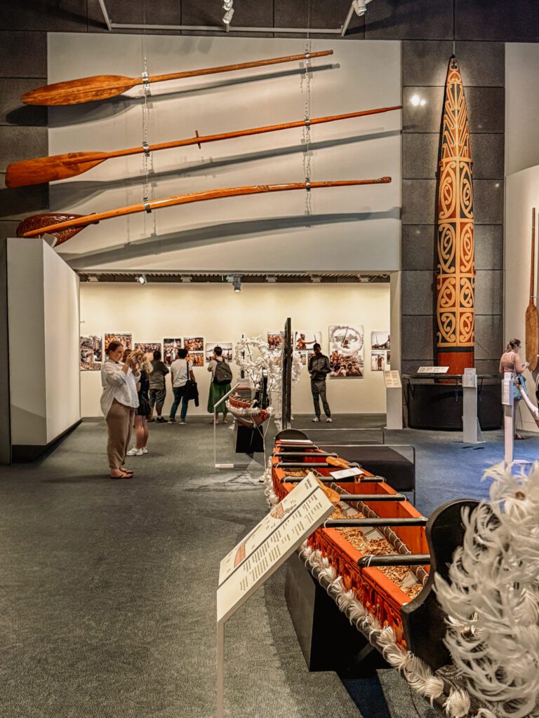 A canoe and oars hung in a museum in Wellington