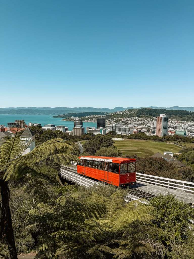 A red cable car going up a hill with a bay in the background - Wellington itinerary