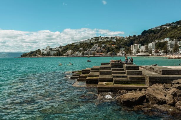 Manmade steps and stones cascading into the ocean of Wellington's coastline