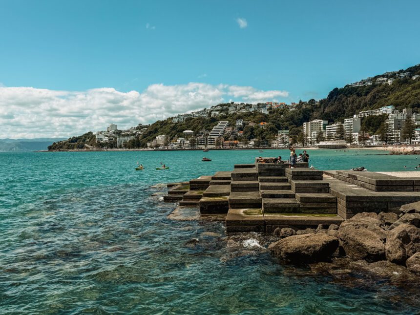 Manmade steps and stones cascading into the ocean of Wellington's coastline