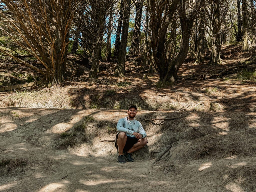 A man crouching on the ground with a forest behind him in Wellington as one of the filming sites in Lord of the Rings