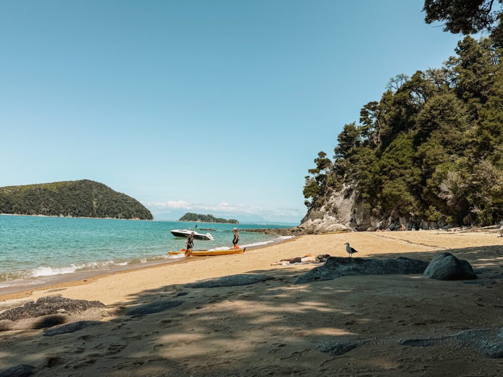 A beach going into turquoise water with tropical islands in the distance in Abel Tasman National Park