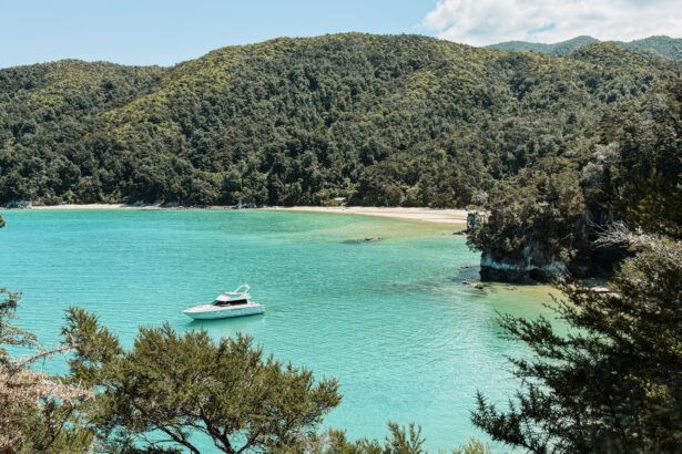 A boat anchored in a bay with turquoise water and surounded by white sand beaches and tropical forests in Abel Tasman National Park